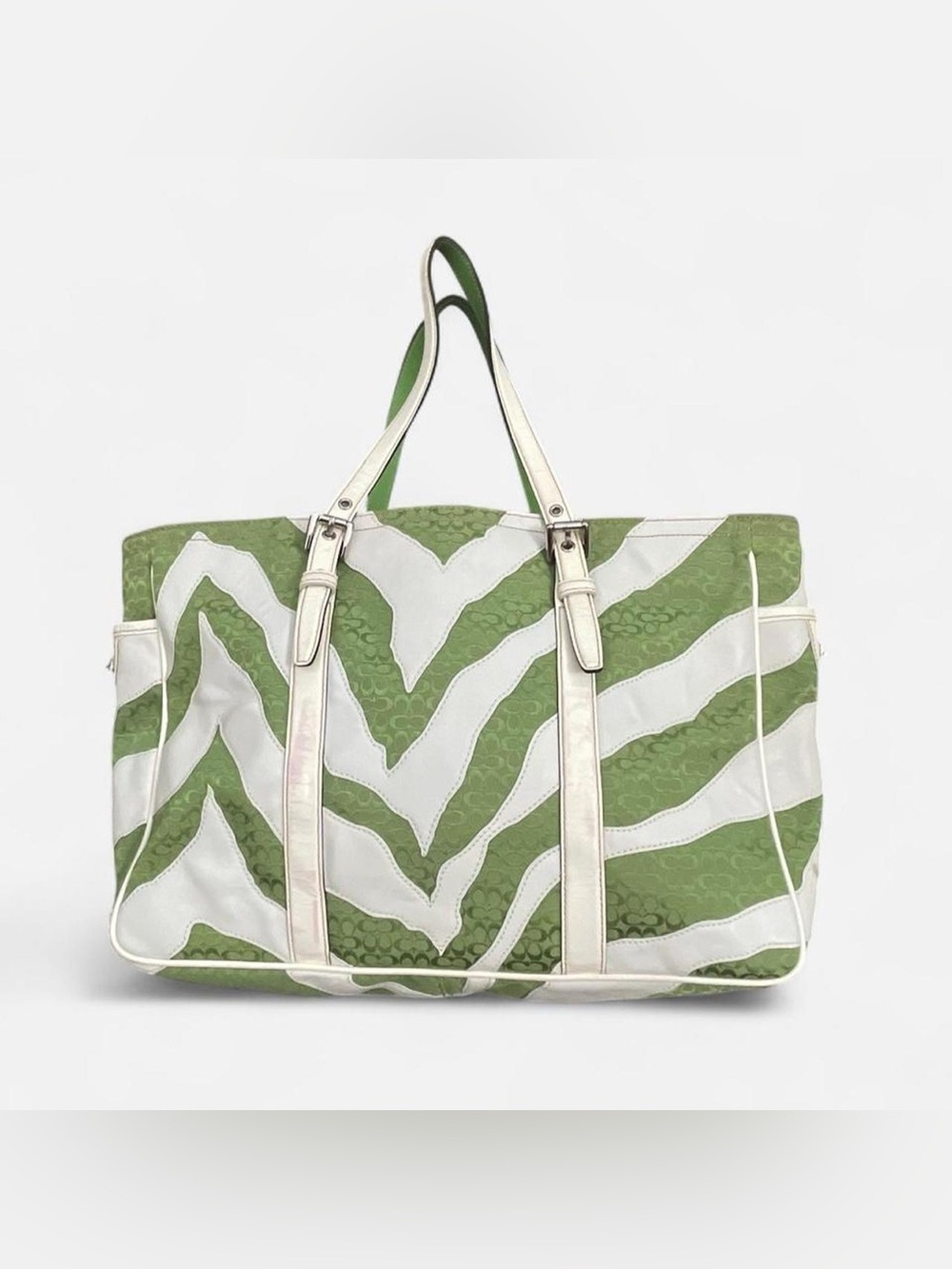 VTG Coach green and white zebra signature jacquard and leather trim tote bag.